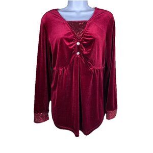 Noracora Red Velvet Long Sleeve Tunic Top Sequins Womens S Pearl Buttons Dressy